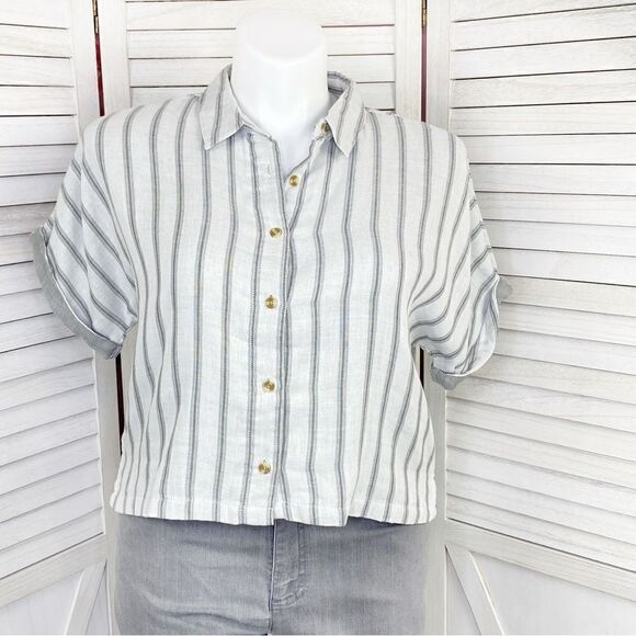 Thread & Supply Striped Button Front Crop Shirt White Gray XL - Picture 1 of 11